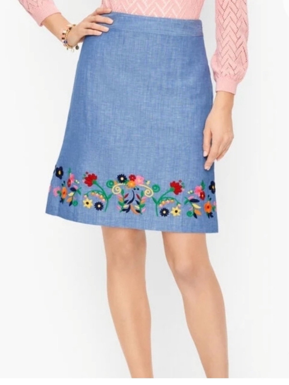 Talbot’s Light Blue Linen Blend Skirt With Caribbean Flair Embroidery
